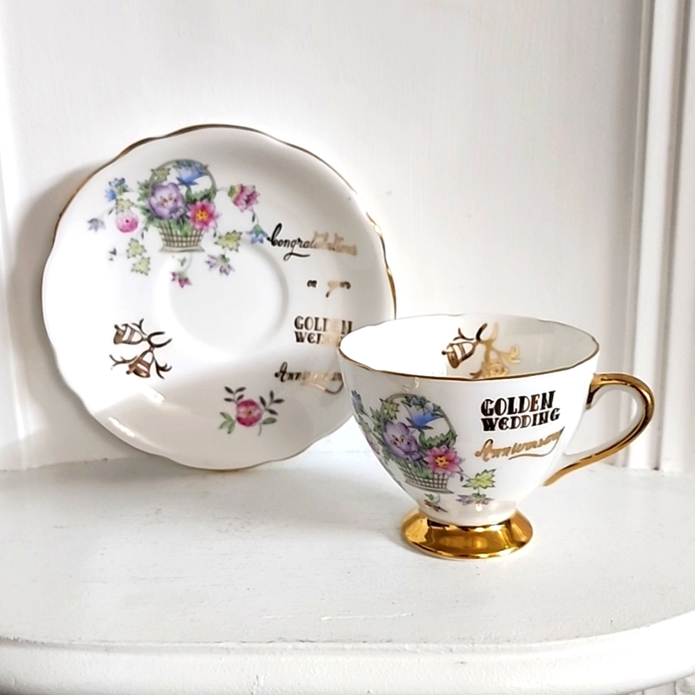 Gladstone Golden Wedding Anniversary Tea Cup and Saucer, 50th Wedding Gift,